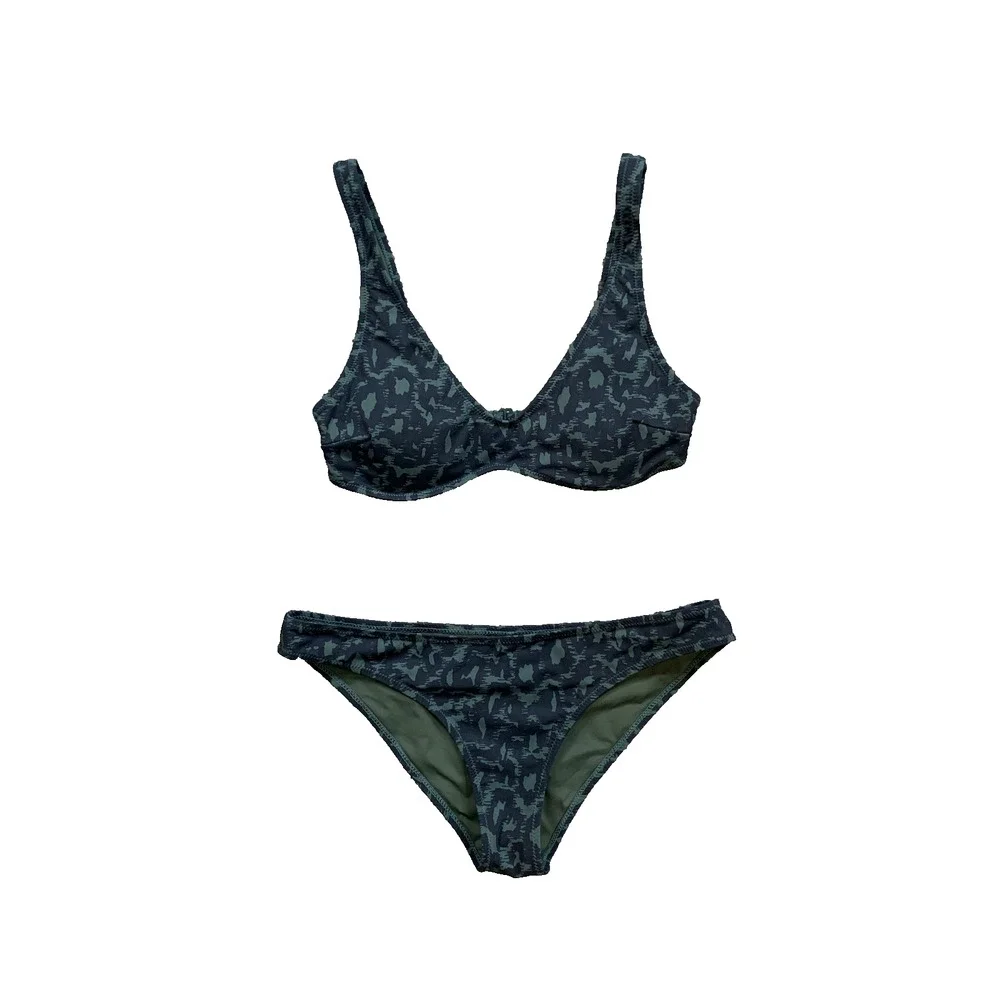 Vuori Bikini Set Womens L Large Aqua Leopard Print Padded Triangle Top Bottom